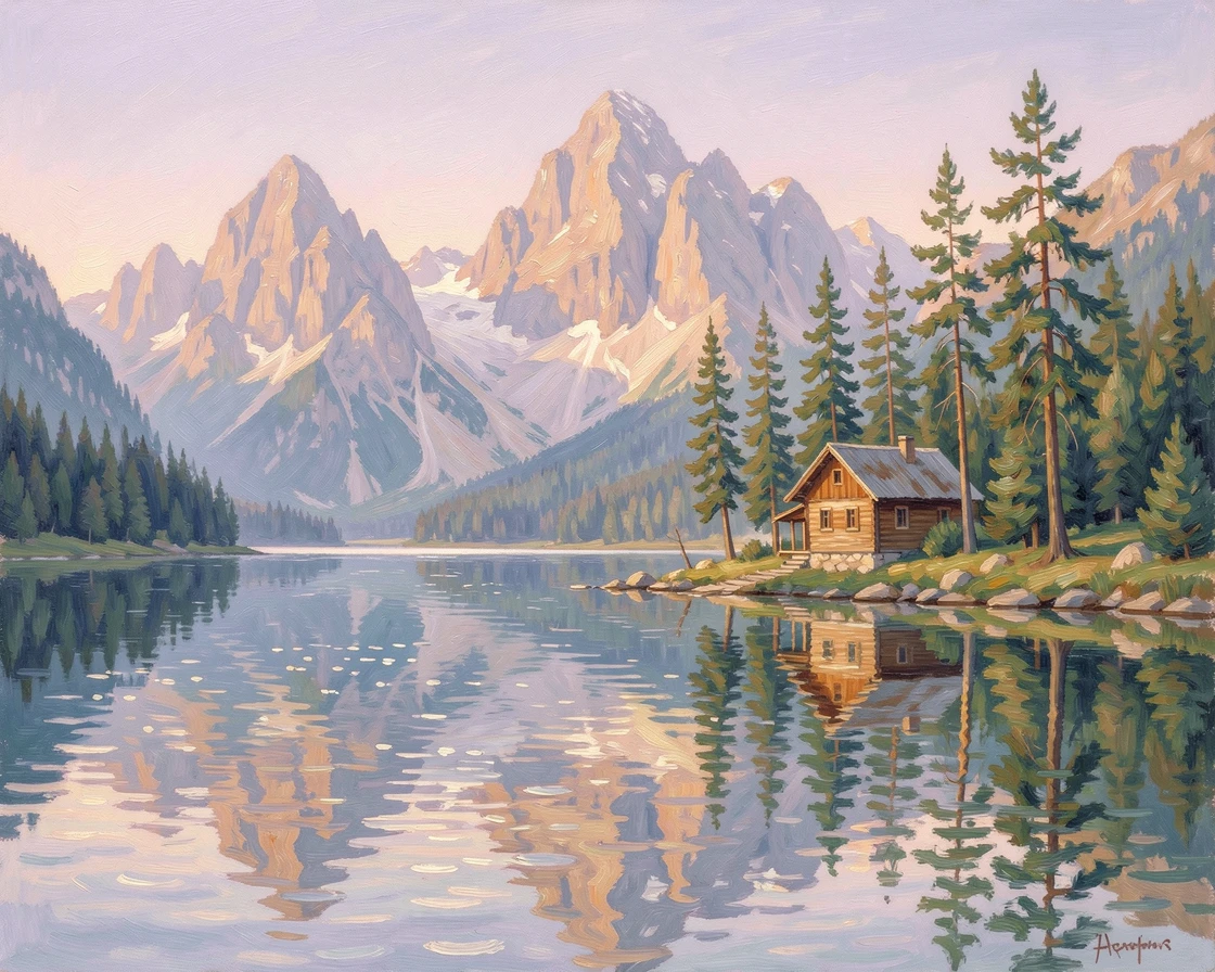 A serene mountain lake mirroring jagged peaks, a small wooden cabin nestled among pine trees on the shore.