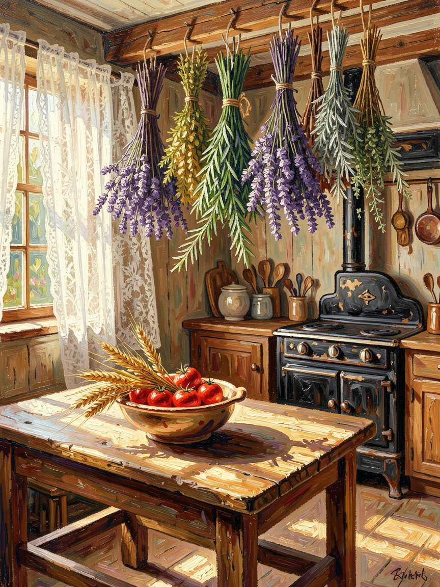 A rustic farmhouse kitchen with dried herbs, sunlight streaming through lace curtains.