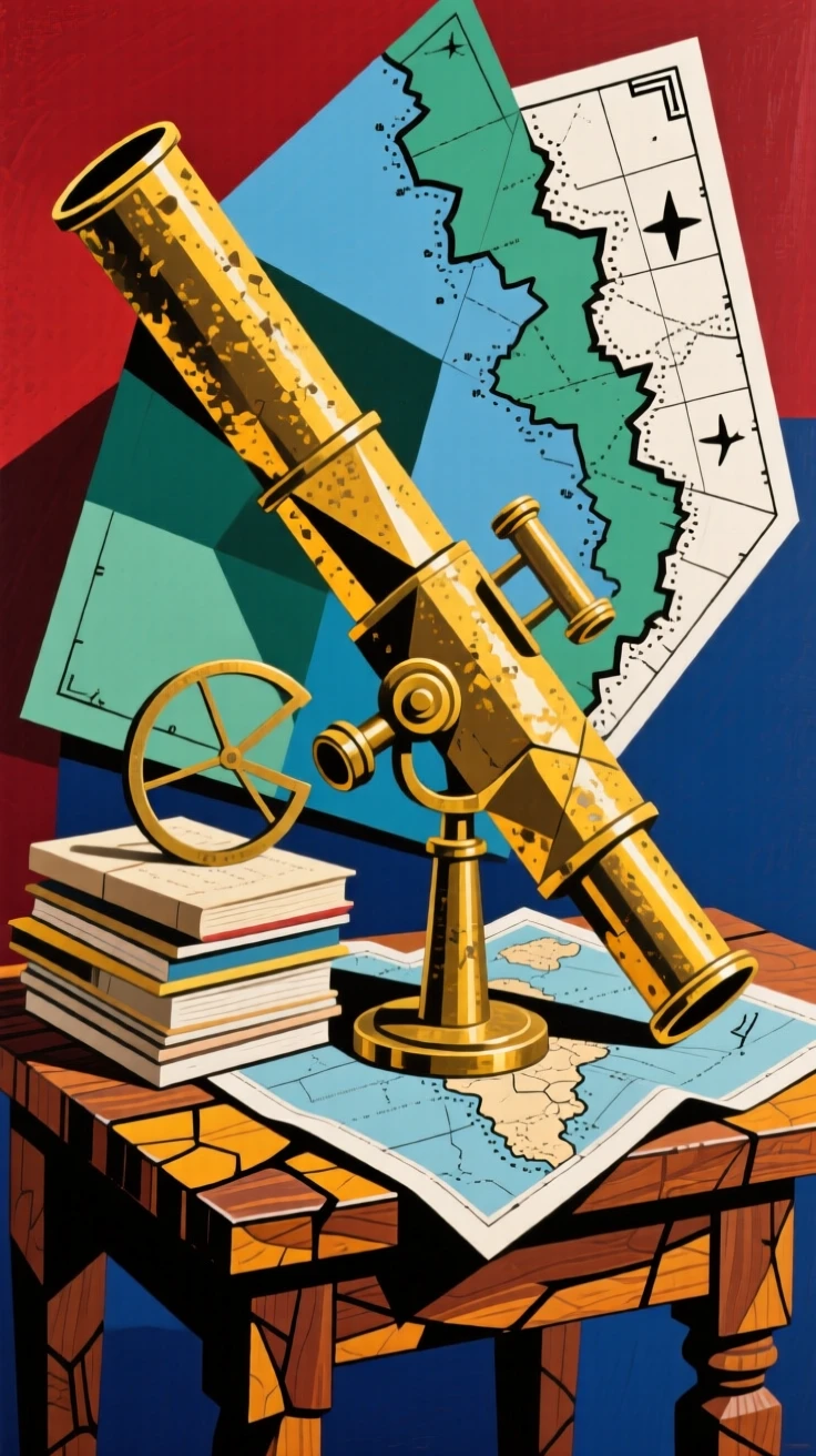 An old brass telescope beside a stack of nautical maps on a wooden table.