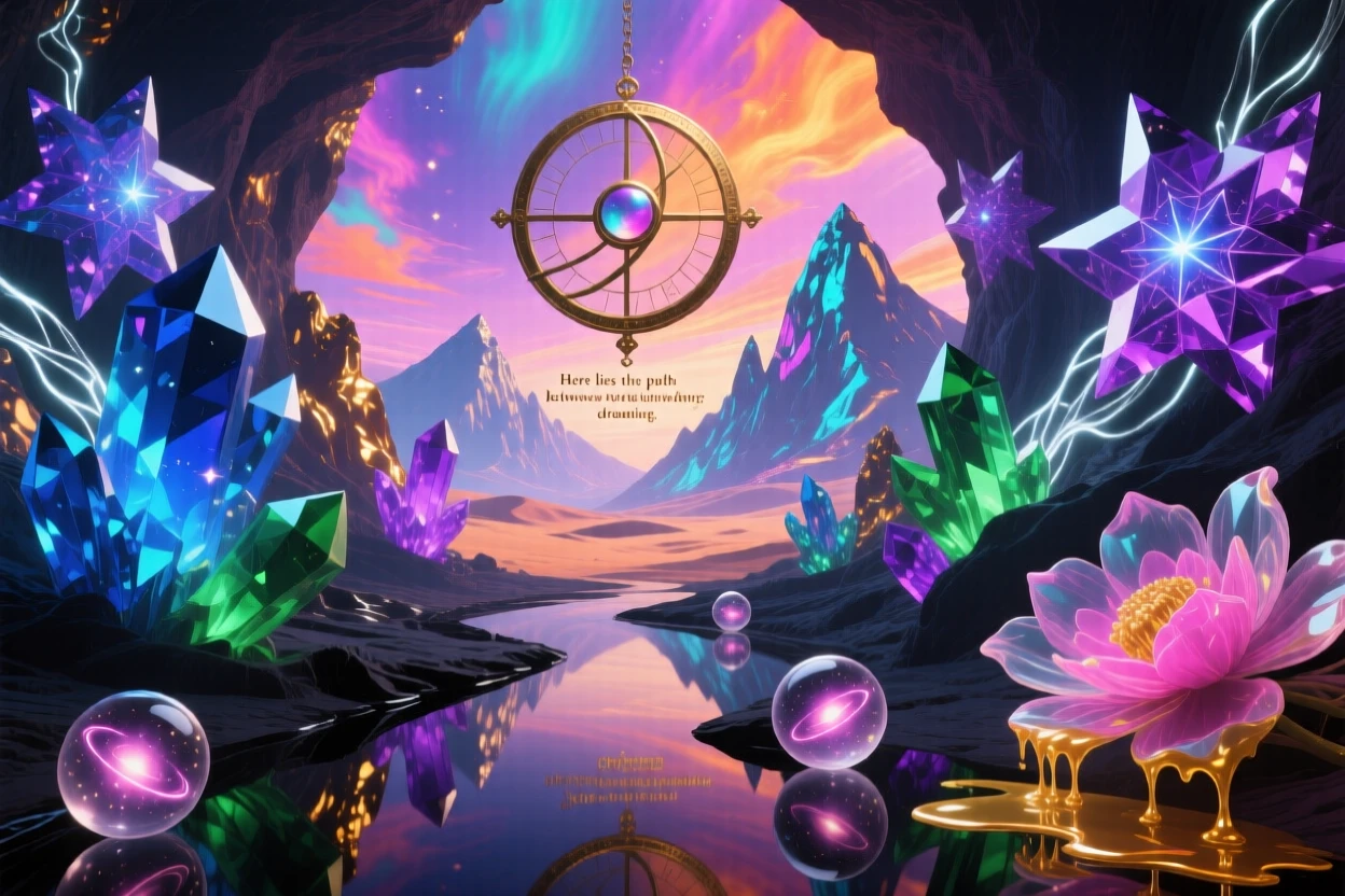 A cave whose walls are lined with glowing crystal constellations stretches endlessly beneath a sky of shifting colors, while distant mountains seem to shimmer like a mirage.