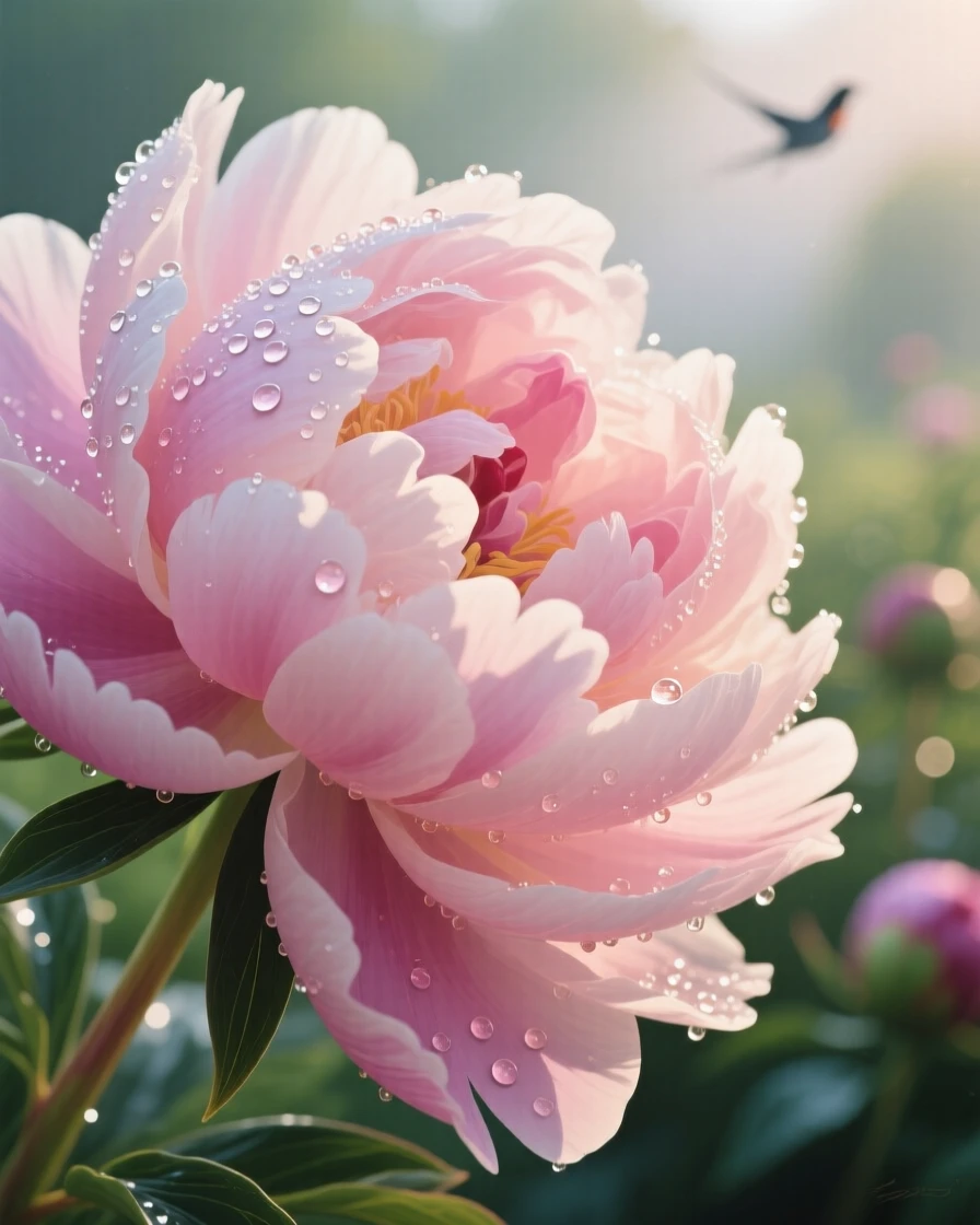 A close-up of dew-covered peony petals unfurling in soft morning light, delicate pink layers catching tiny droplets that sparkle like scattered glass against the blurred green garden behind, with the crisp, still air carrying only the faintest sounds of distant birdsong.