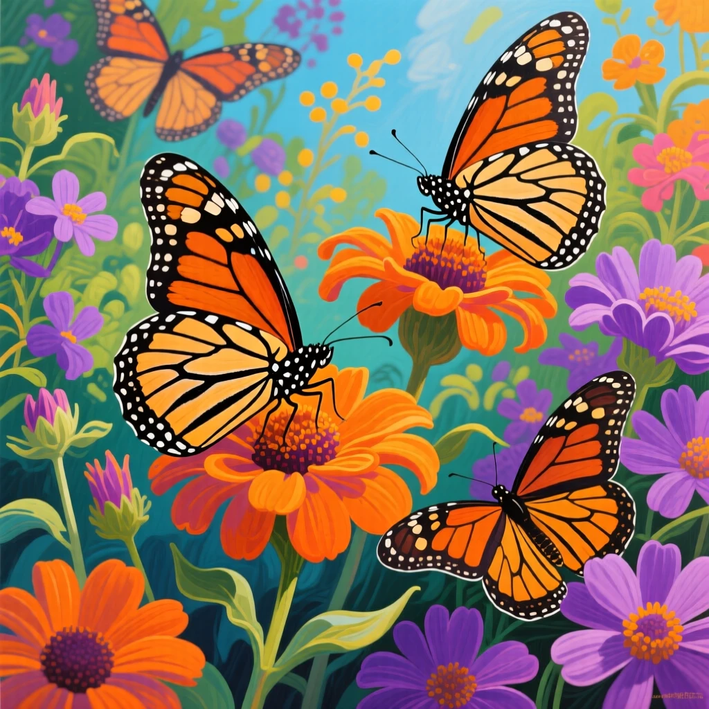 A butterfly garden alive with monarchs resting on bright orange and purple blooms