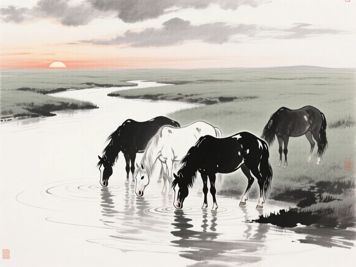 A group of horses drinks from a river at sunset, while clouds drift low over the grassland.