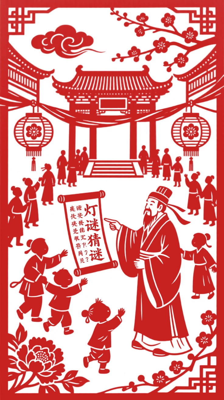 A crowd solving lantern riddles tied to red silk streamers strung across a temple courtyard, an old scholar pointing at a scroll of characters, children tugging at their parents' sleeves in excitement