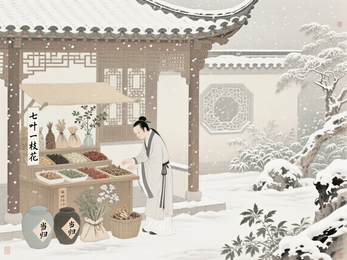 A young herbalist tending to a small stall of goods in a garden pavilion during a light snowfall