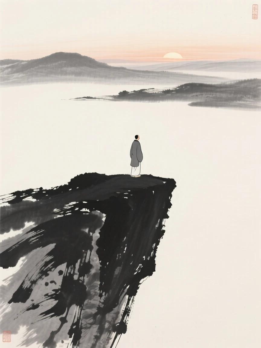 A solitary figure standing at the edge of a quiet cliff in the hush of early dawn, seen from a distance, small and still within the frame, evoking deep introspection and quiet solitude.