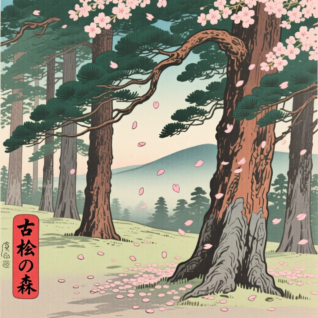 An ancient cedar forest, dotted with drifting cherry blossom petals.