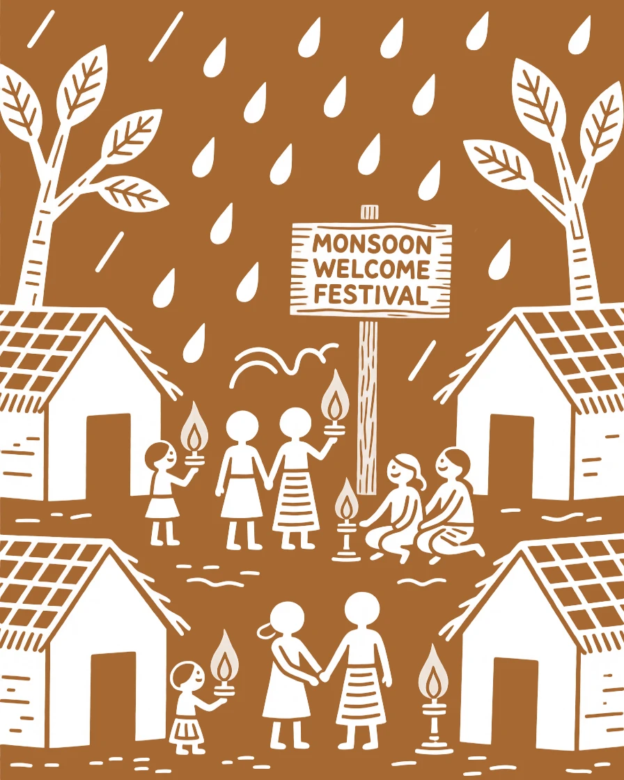 A monsoon welcoming ritual celebrated as families light lamps outside their homes.