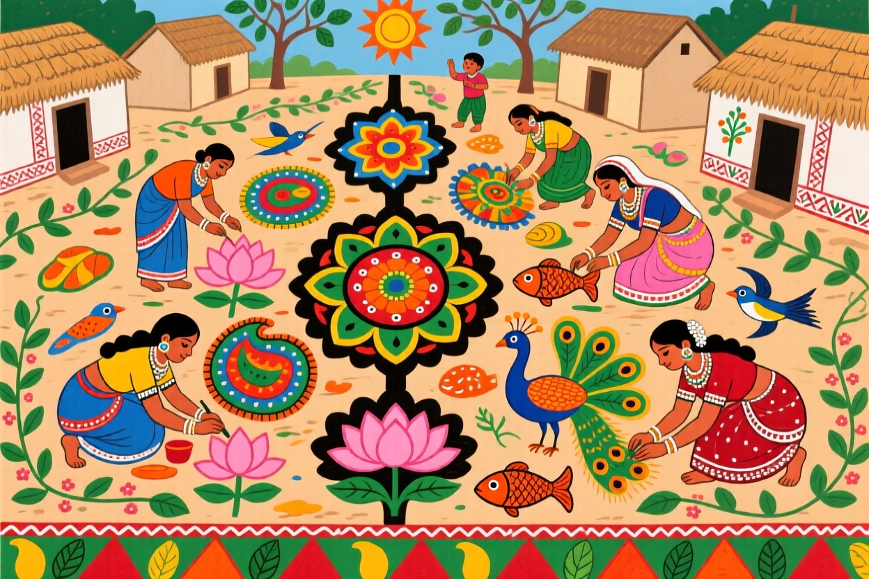 Villagers painting colorful patterns on the ground to welcome guests.