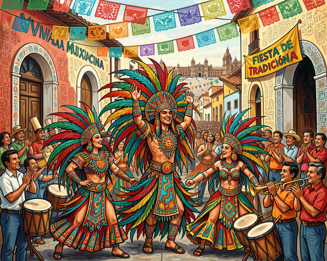 A vibrant street parade with dancers in elaborate feathered costumes