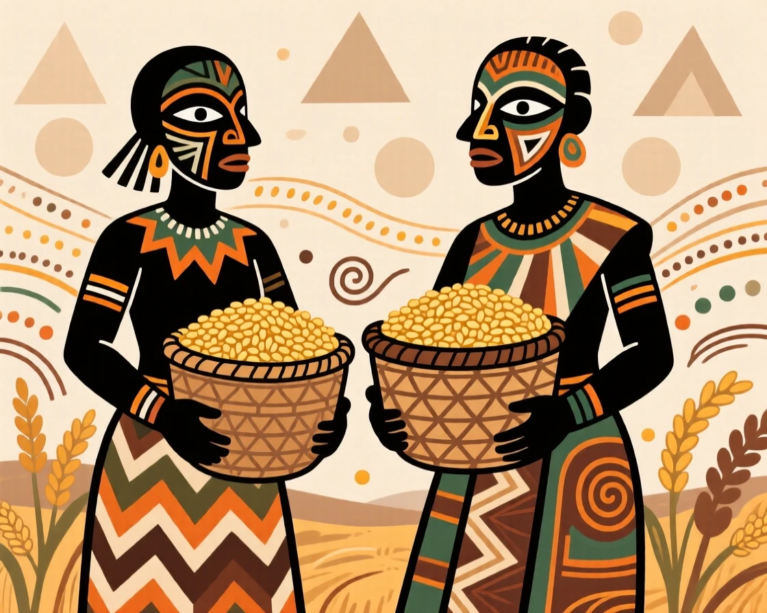 A harvest celebration with baskets of grain piled high.
