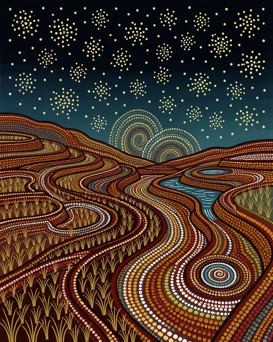 Terraced rice paddies beneath a starry night sky