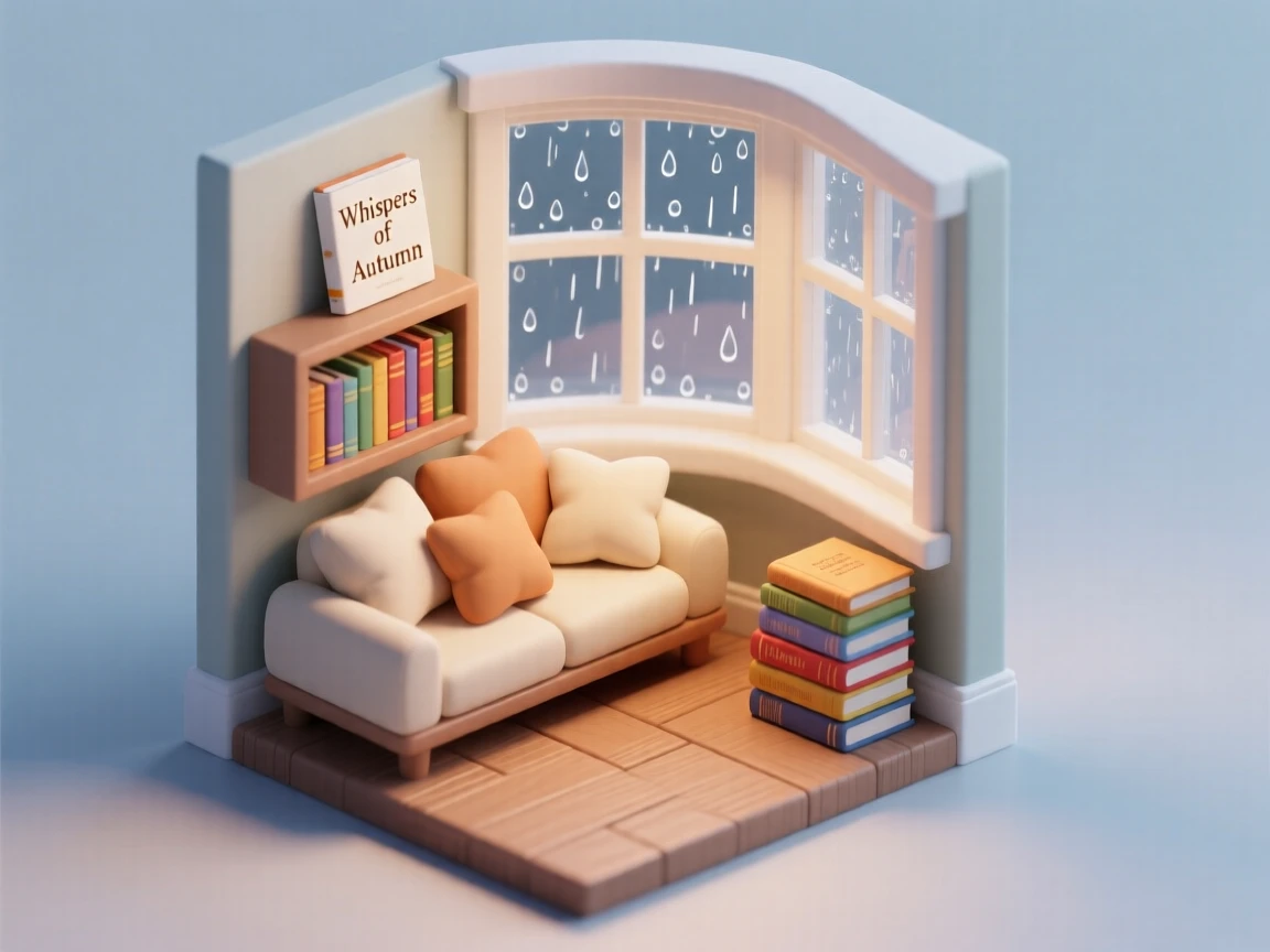 A cozy home library nook built into a bay window, cushions piled high, a stack of novels, and rain pattering softly against the glass.
