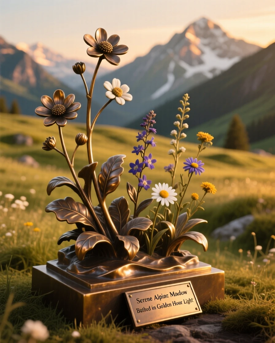 A serene alpine meadow filled with wildflowers, bathed in the warm hues of golden hour, offering a breathtaking sense of place