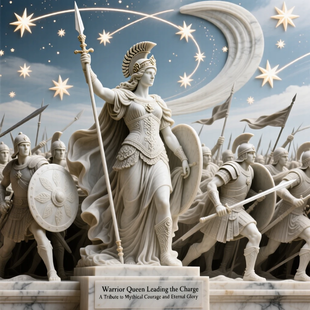 An epic scene of a warrior queen leading her army into battle, under a sky filled with shooting stars, evoking myth and grandeur