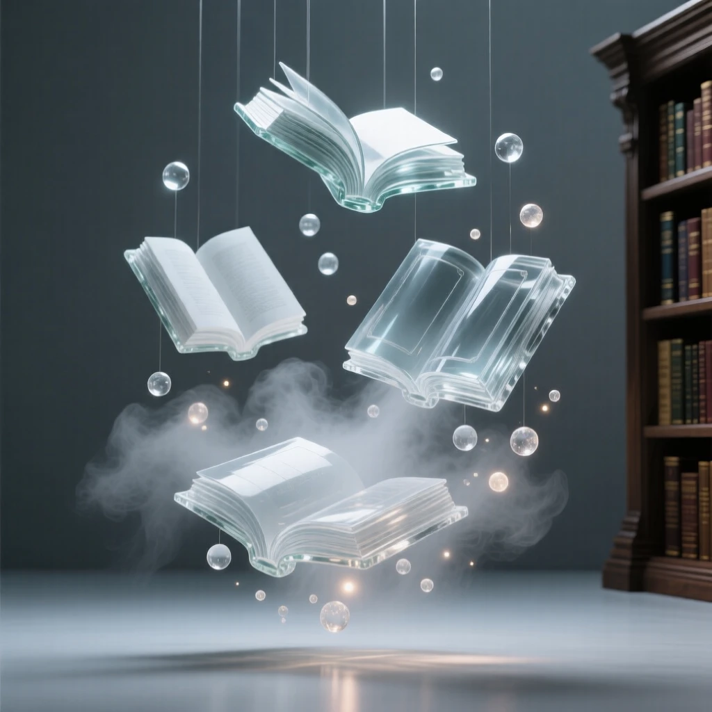 An enchanted library with floating books surrounded by softly glowing particles and gentle mist, wide cinematic composition, radiating magic and serenity.