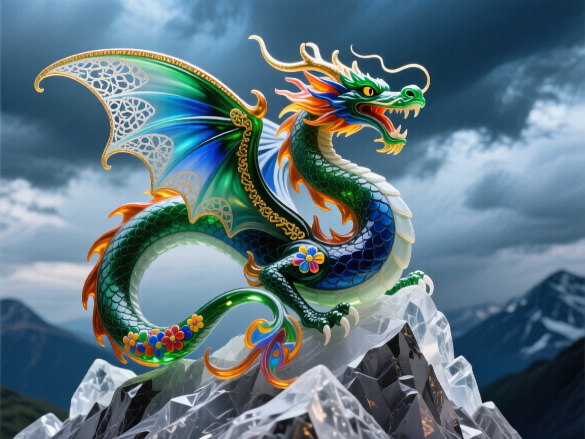 A majestic dragon coiled atop a mountain peak, wings spread wide against a stormy sky, powerful and legendary.