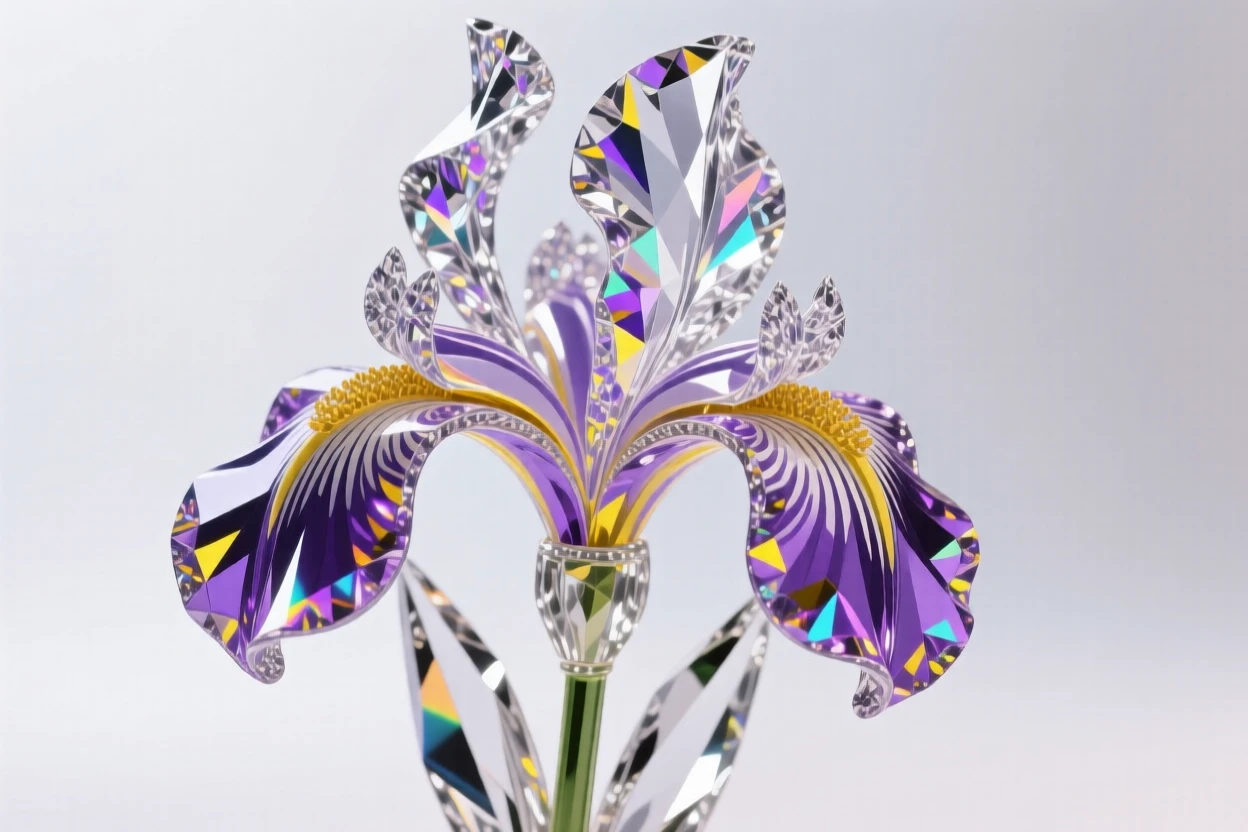 A single iris flower with intricate purple and yellow markings, soft studio-style lighting.