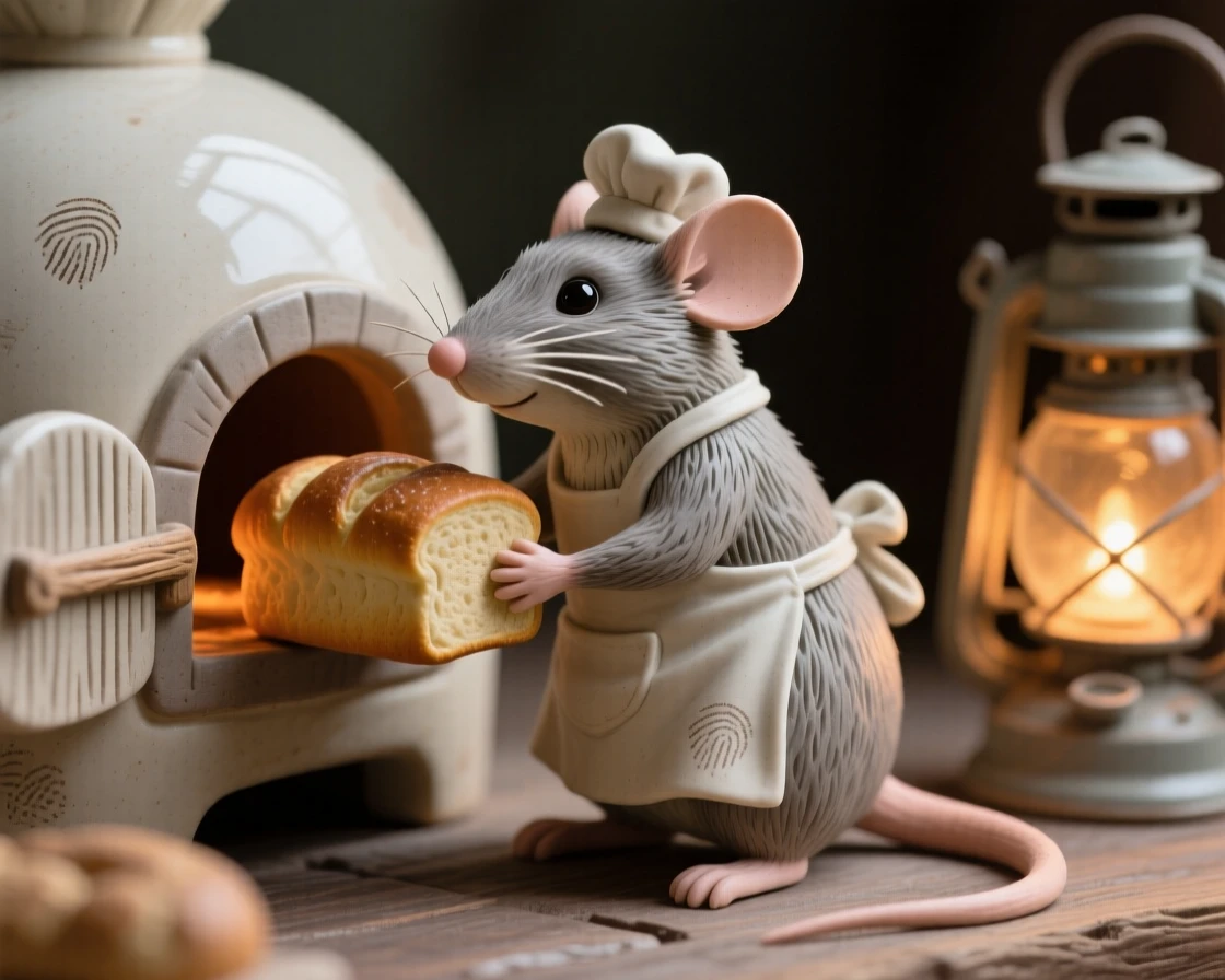 A mouse baker pulling a tiny loaf from an oven gathered together in a heartwarming tableau, with warm lantern light glowing softly nearby, radiating coziness and storybook charm.