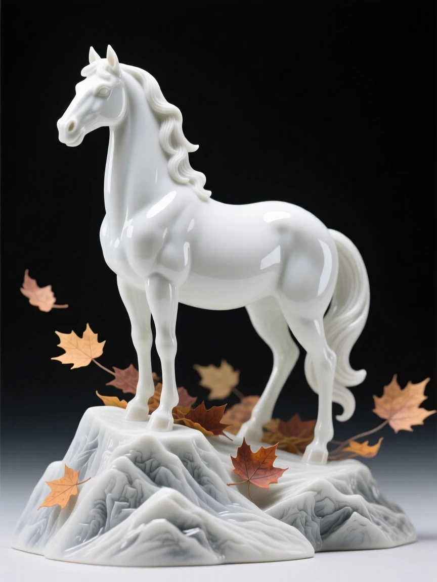 A noble horse gazing calmly into the distance in a rugged mountain ridge, surrounded by drifting autumn leaves.