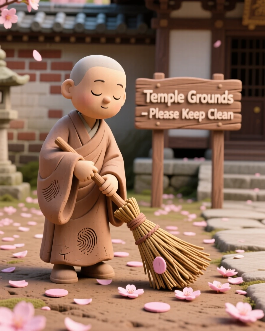 A monk sweeping fallen cherry blossoms from a temple courtyard