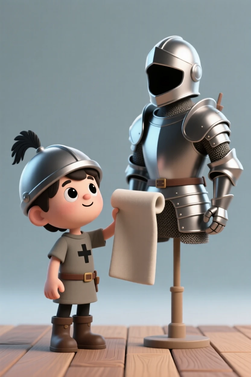 A brave young squire polishes a knight's armor, dreaming of the day he too will ride into legend.