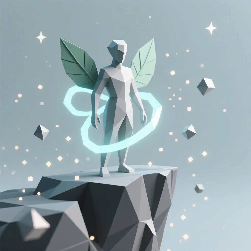 A guardian spirit made of swirling leaves and light, atop a cliff overlooking an endless starry sky. swirling particles of light drift through the air. The scene feels magical and full of wonder.