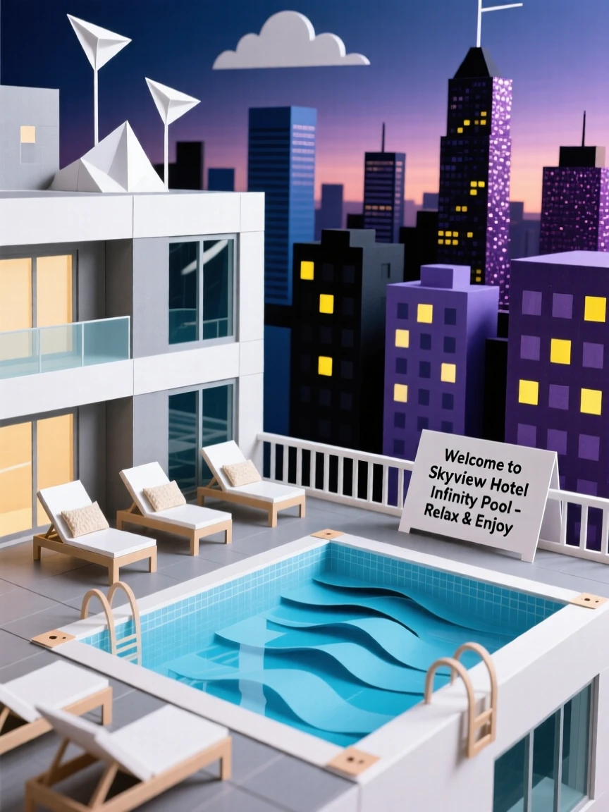 A luxurious infinity pool atop a modern hotel overlooking a glittering city skyline at twilight, evoking aspirational relaxation.