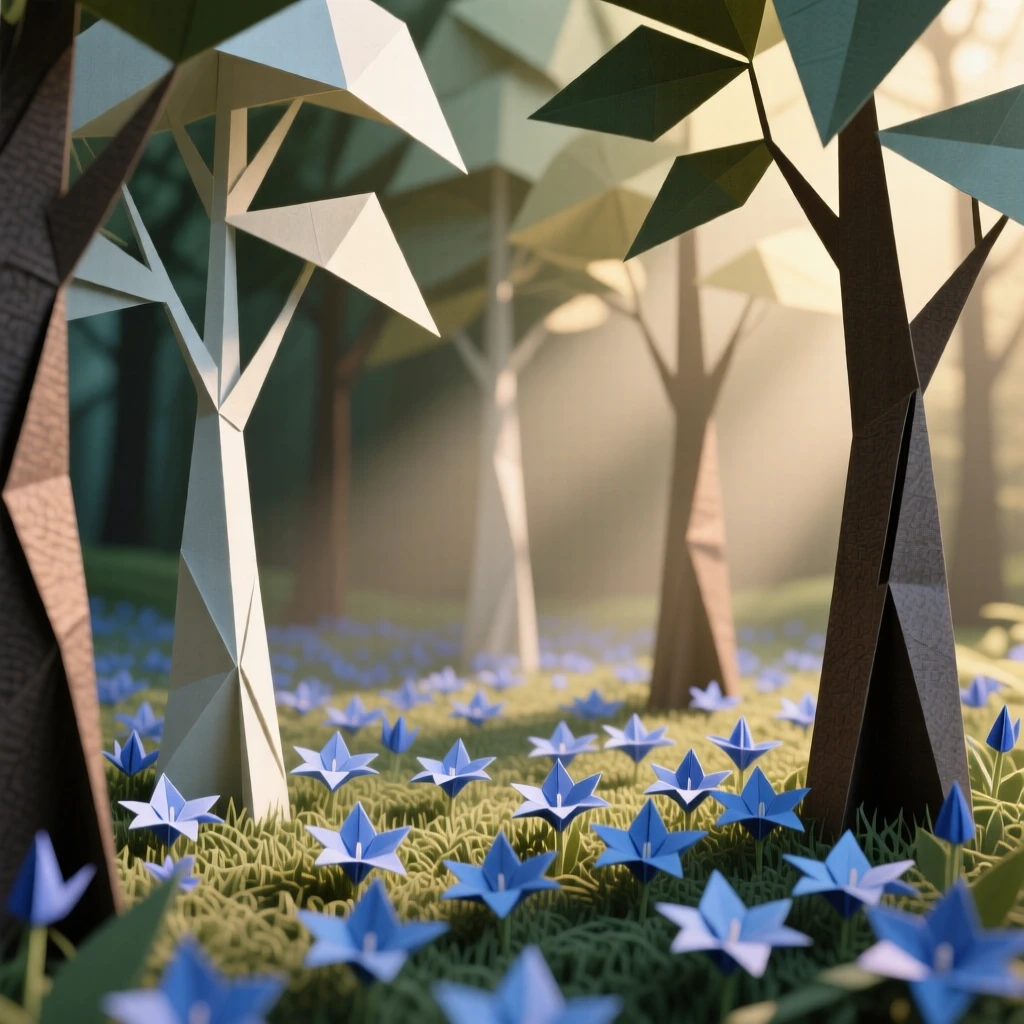 A quiet forest glade where shafts of light illuminate a carpet of bluebells.