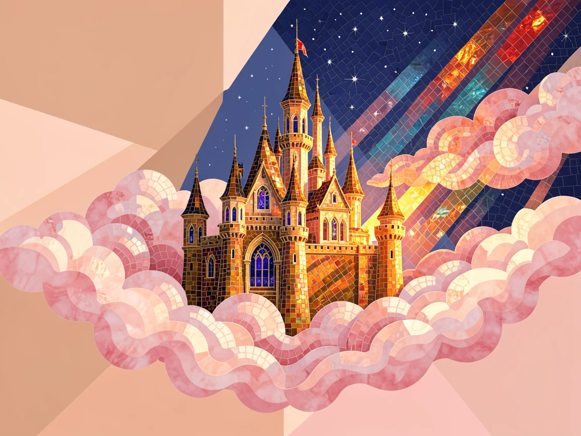 A floating castle drifting among soft pink clouds, rendered with dramatic magical lighting and rich atmospheric detail.