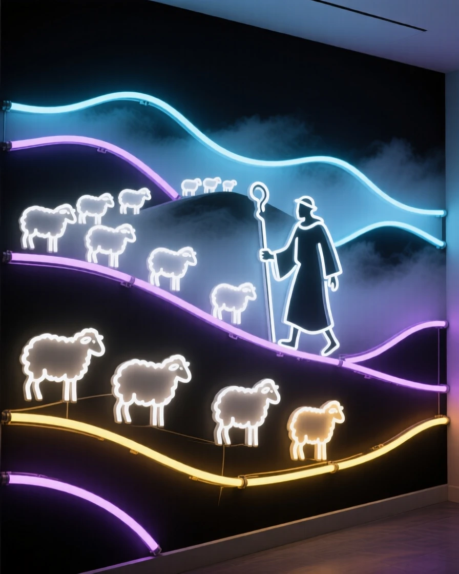 A shepherd guiding a flock of sheep across a misty hillside.