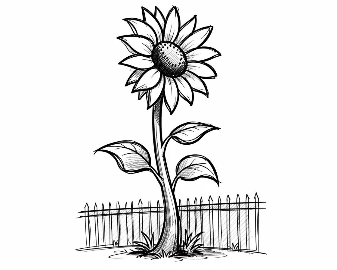 A single sunflower taller than a fence in a courtyard garden.