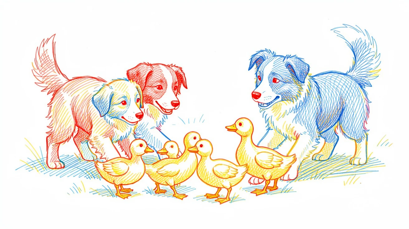 A litter of border collie puppies herding a small flock of ducklings