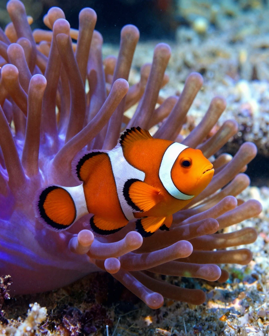 A clownfish nestled among vibrant sea anemone tentacles