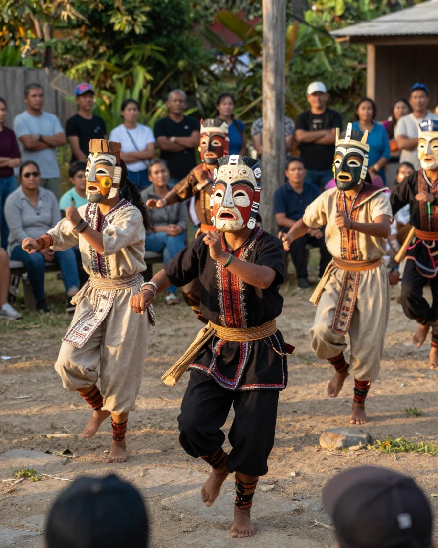 A troupe performs an ancient mask dance passed down through generations.