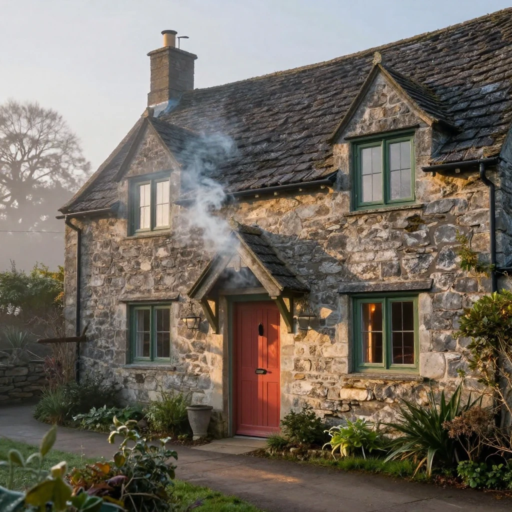 A cozy stone cottage with smoke curling from its chimney, welcoming and warm, as morning light spills through the windows
