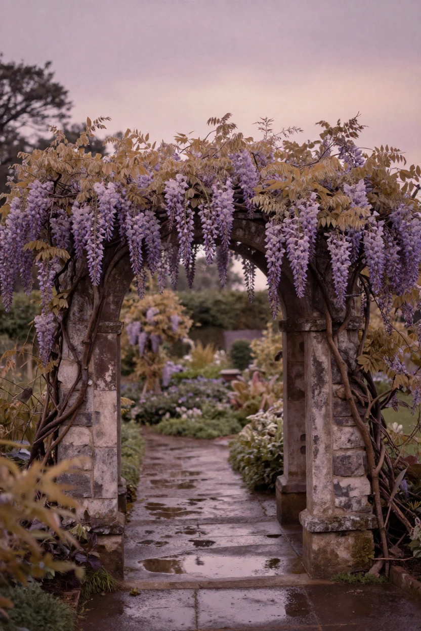 Wisteria vines draping heavily over a stone garden archway, in the last light of dusk, just after a rain shower, with puddles reflecting the sky, in the height of summer, in dusty lavender and rose tones, peering through foliage in the foreground.