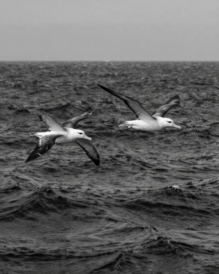 A pair of albatrosses glides for miles without flapping above open ocean waves.