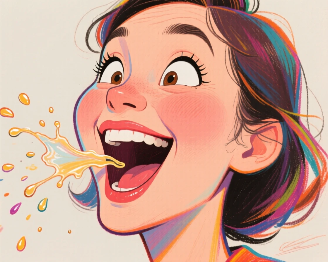 A woman caught mid-laugh spraying her drink slightly from surprise.