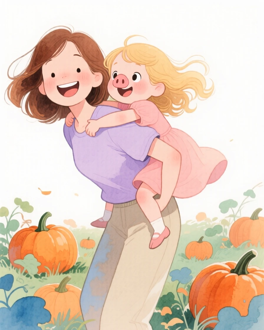A mother and daughter sharing a piggyback ride through a pumpkin patch