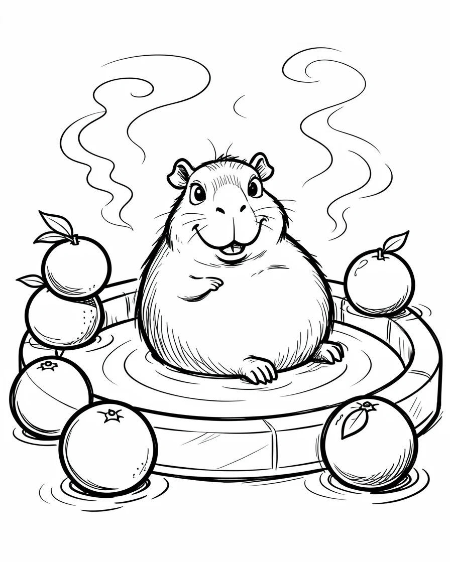 [Cute Animals & Pets] Adorable scene of a chubby capybara relaxing in a hot spring surrounded by oranges, bursting with charm and playful energy
