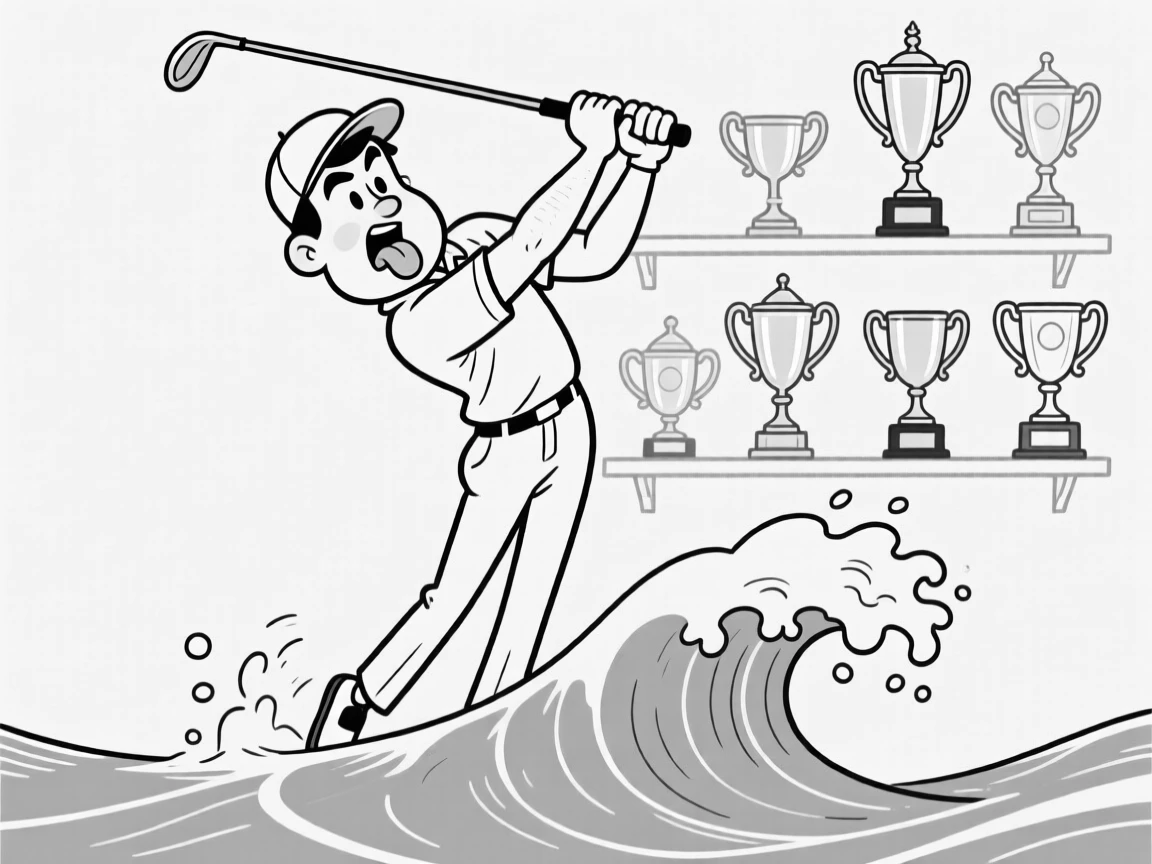 A determined golfer mid-swing with his tongue sticking out, leaning into the screen as if that alone might win the game, set on a cresting ocean wave. A trophy shelf gleams in the background. The moment captures determination with a comic twist.