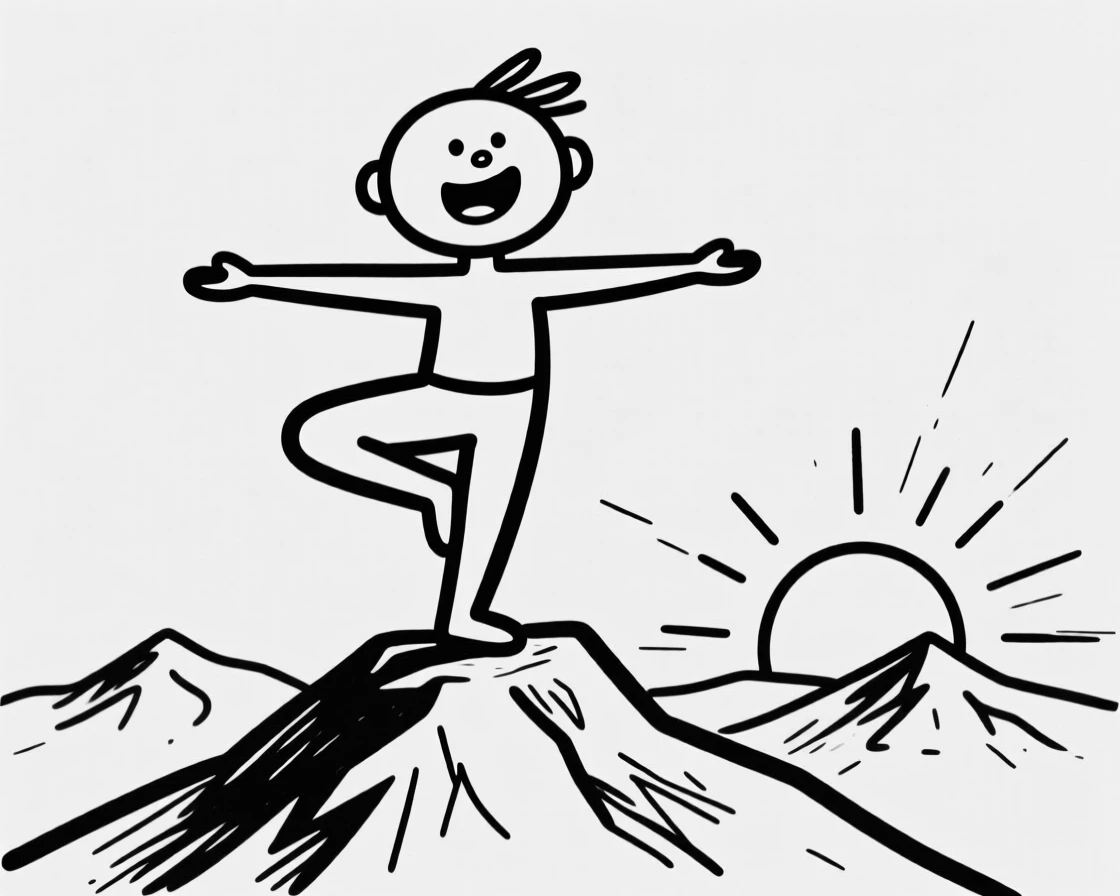 A yoga practitioner balancing in an impressive pose on a mountaintop at sunrise.
