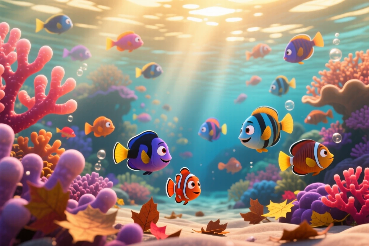 A coral reef teeming with fish glows as golden hour light bathes everything in warm color, with fallen leaves drifting slowly on the breeze. The mood is serene, vast, and quietly majestic.