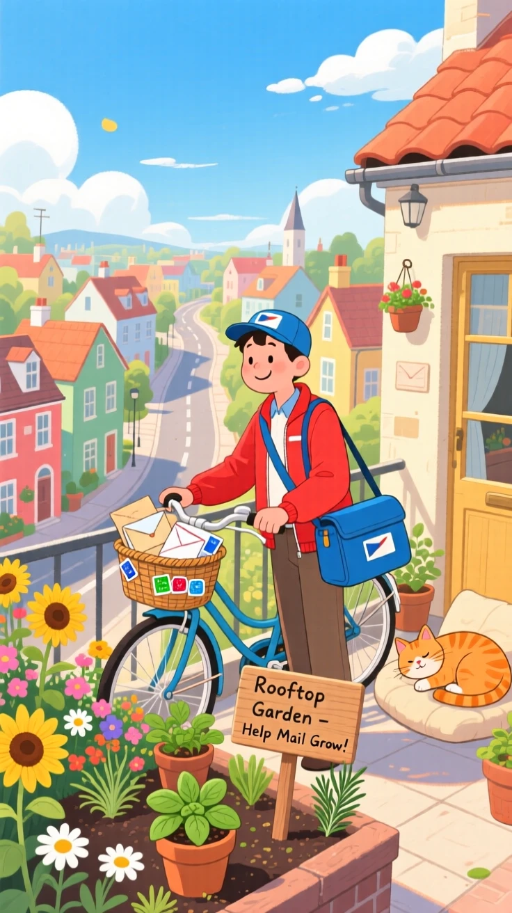 A mail carrier with a bicycle basket full of letters pauses while tending a rooftop garden in a rooftop garden overlooking the town, while a cat naps in a sunny doorway.