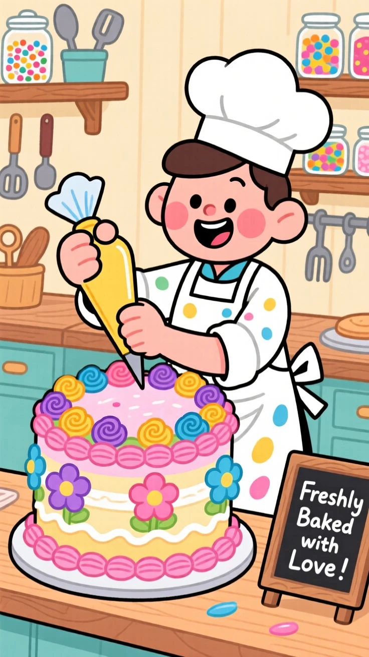 A baker decorating a cake with piped frosting flowers.