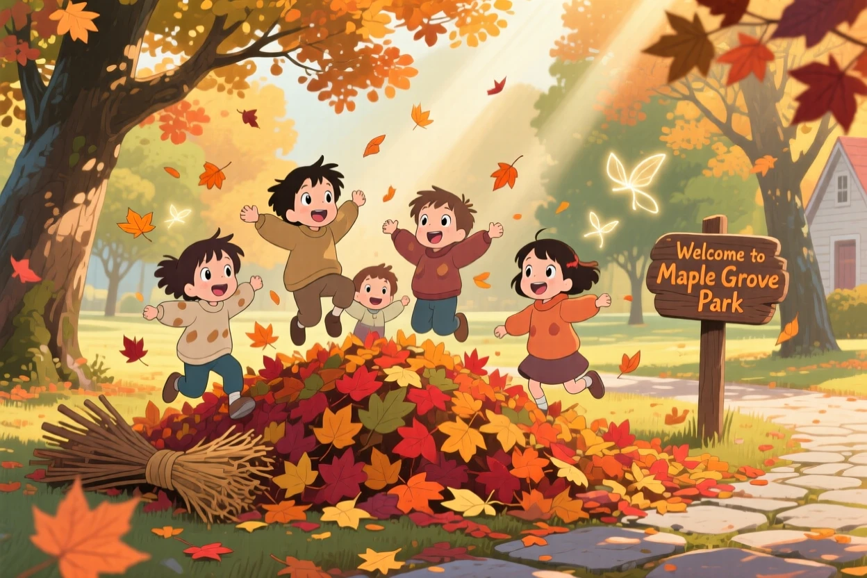 A autumn scene of children jumping into a pile of raked leaves, with soft light filtering through the atmosphere.