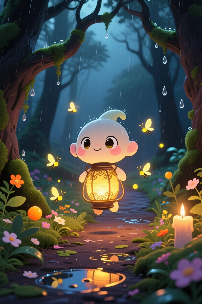 Three-quarter view of a lantern spirit, guiding lost fireflies home with a warm glow, in a dark enchanted forest path, during a gentle spring rain shower, illuminated by gentle candlelight, radiating eager anticipation.