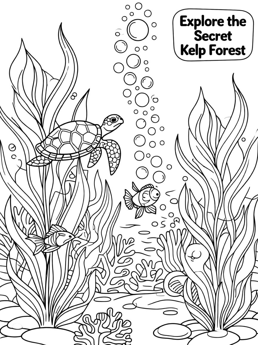 A kelp forest swaying with hidden creatures, with bubbles rising toward the surface.