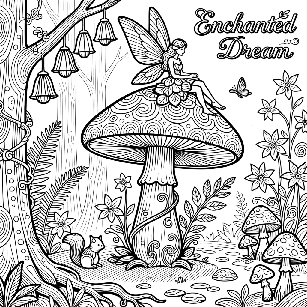 A fairy resting on a giant mushroom in a glowing enchanted forest.